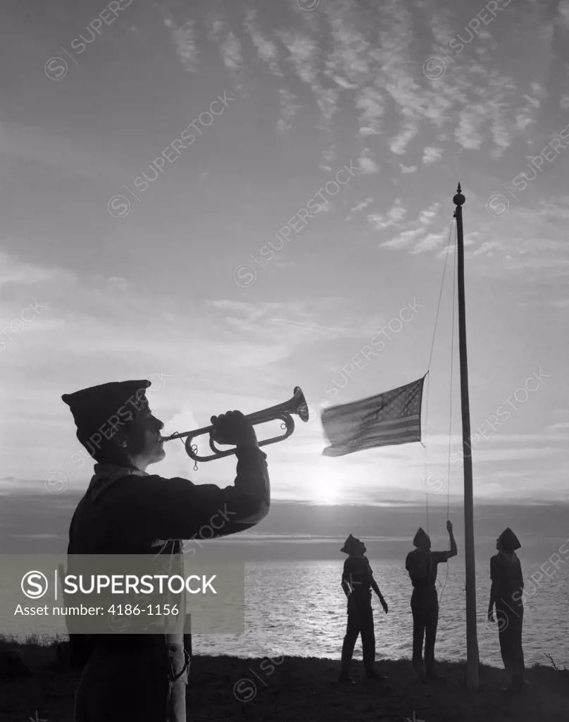 1960S Boy Scouts At Camp Sunset Lower American Flag Bugle Taps 4 Boys Uniform Silhouetted 