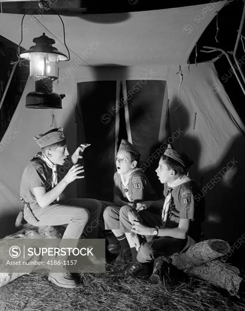 1960S 3 Boy Scouts Sitting Tent Night Telling Ghost Stories 