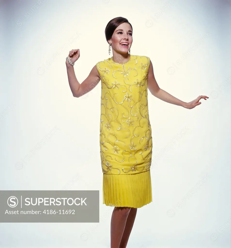 1960S Smiling Brunette Woman Modeling Yellow Sequined Cocktail Dress Clothes