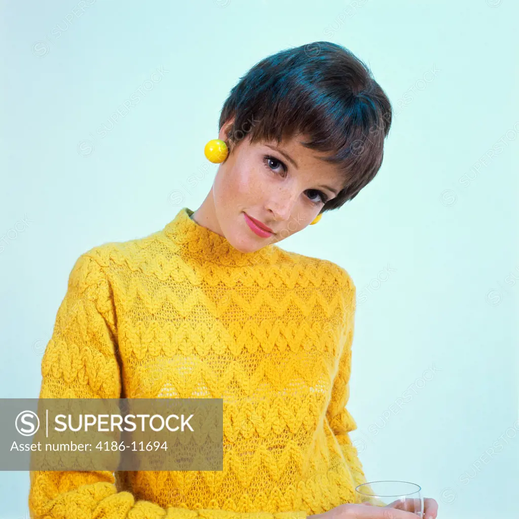 1960S Brunette Woman Short Pixie Hair Style Yellow Knit Sweater Earrings