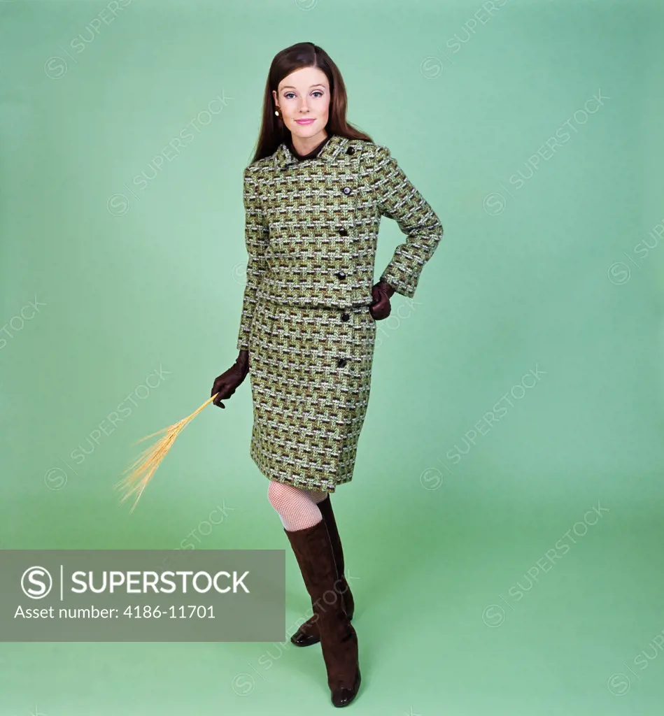 1960S Young Woman Modeling Green Wool Knit Two Piece Suit Fishnet Stockings Boots Full Length Clothe