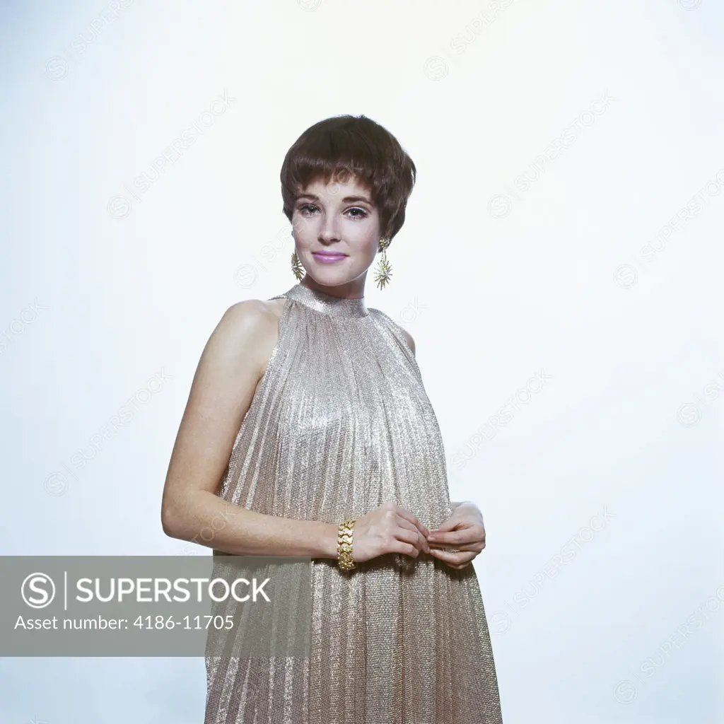 1960S Young Woman Wear Pleated Metallic Dress Pixie Hair Earrings Bracelet