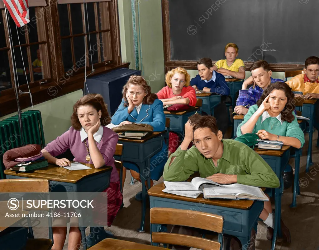 1940S 1950S High School Classroom Of Bored Students Sitting At Desks