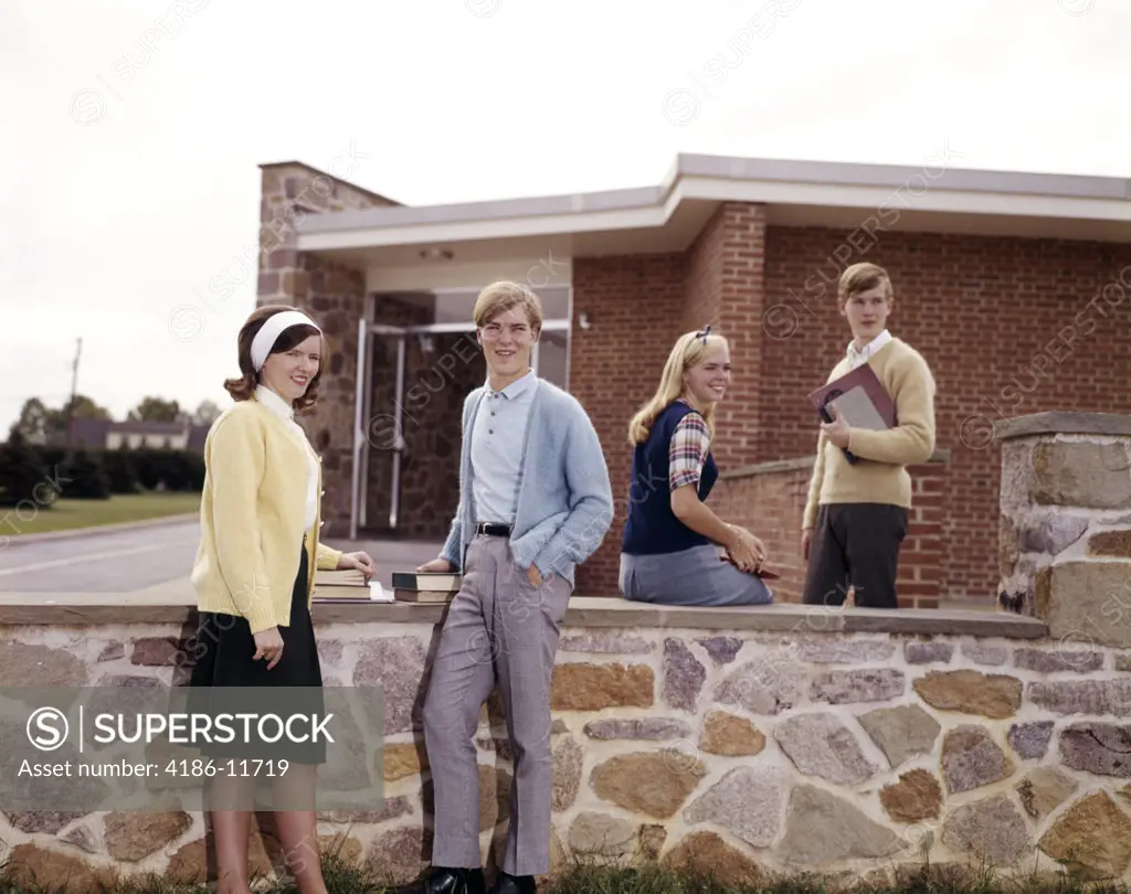 1960S Teen Students On Campus Boys Girls Couples By Stone Wall Group