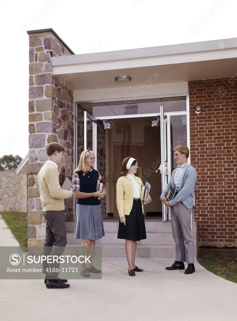 1960S Teen Students Standing At Entrance To School Boys Girls Couples Group