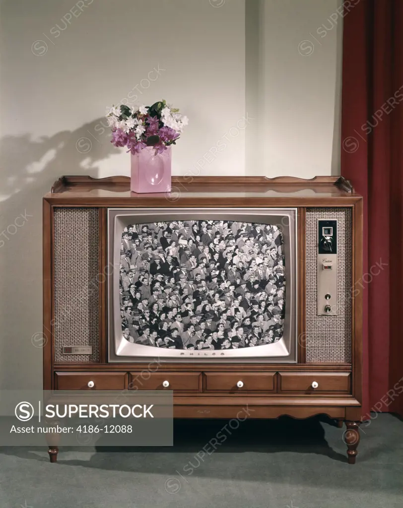 1960S Large Console Television With Black And White Screen Image And Vase Of Flowers On Top Nostalgia