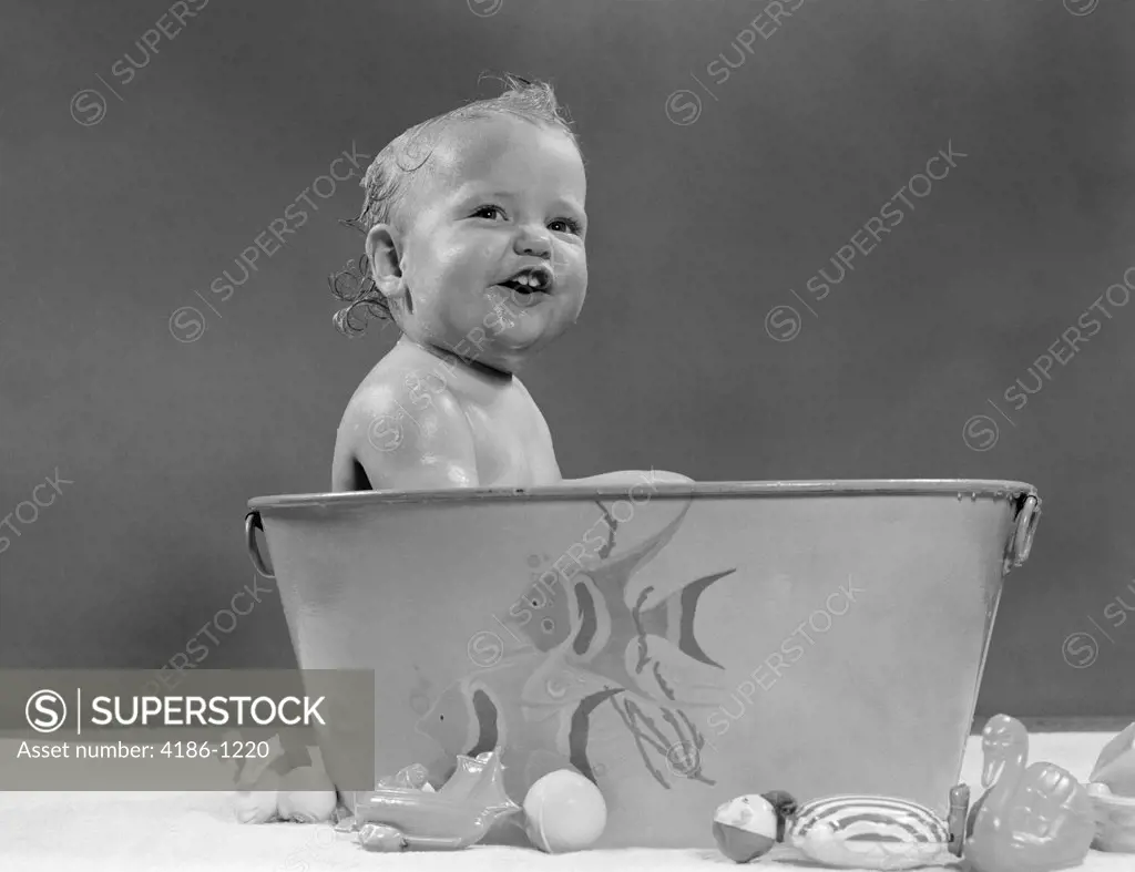1940S 1950S Smiling Baby In Bath Tub Studio Indoor