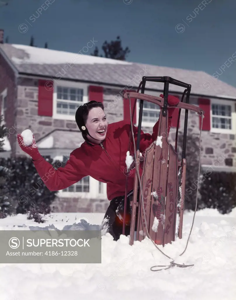 1950S Laughing Woman Hiding Behind Sled Throwing Snowball 