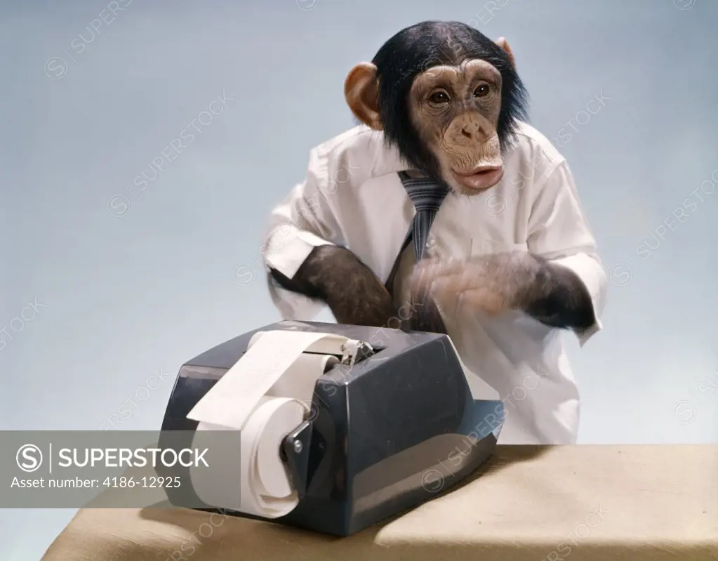 Chimpanzee Office Worker In Shirt And Tie Using Adding Machine