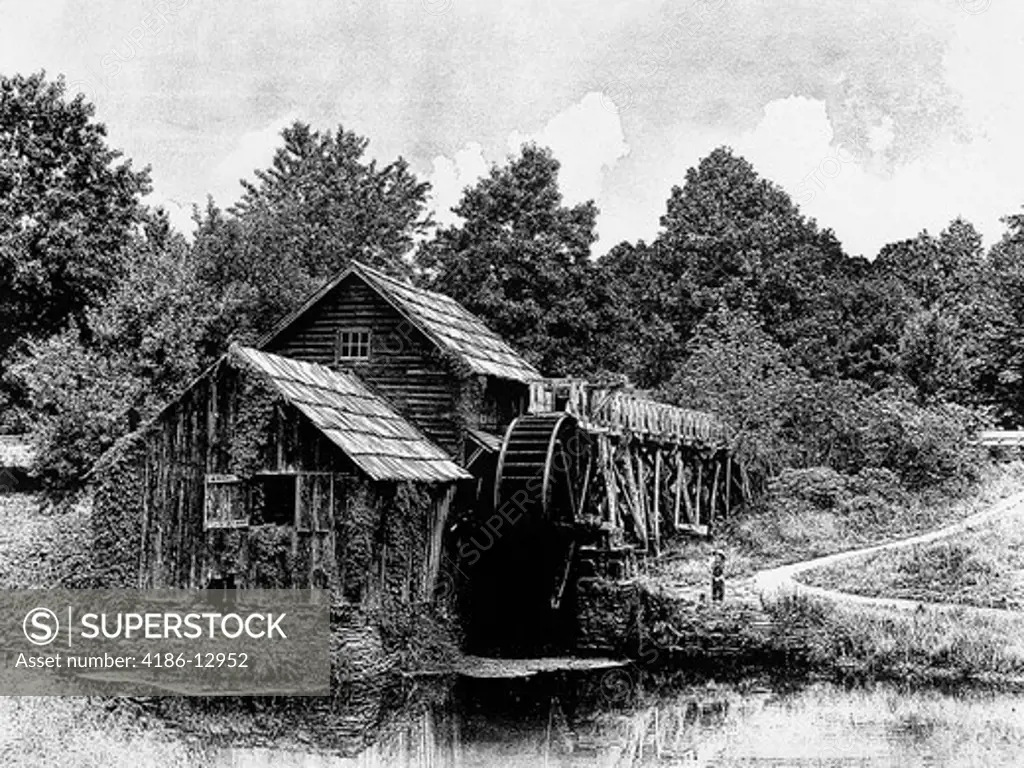 Line Tone Of Old Mill With Boy In Straw Hat & Overalls Fishing In Stream Next To It