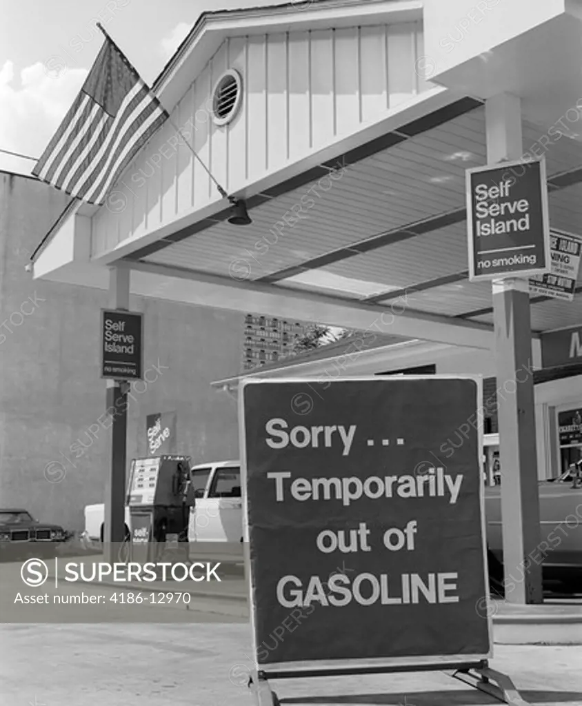 1970S Sorry Temporarily Out Of Gasoline Sign At Self Service Gas Station During 1973 Opec Oil Shortage Crisis