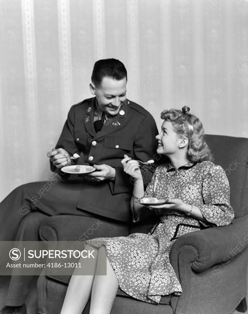1940S Smiling Couple Eating Dessert Man In Army Uniform