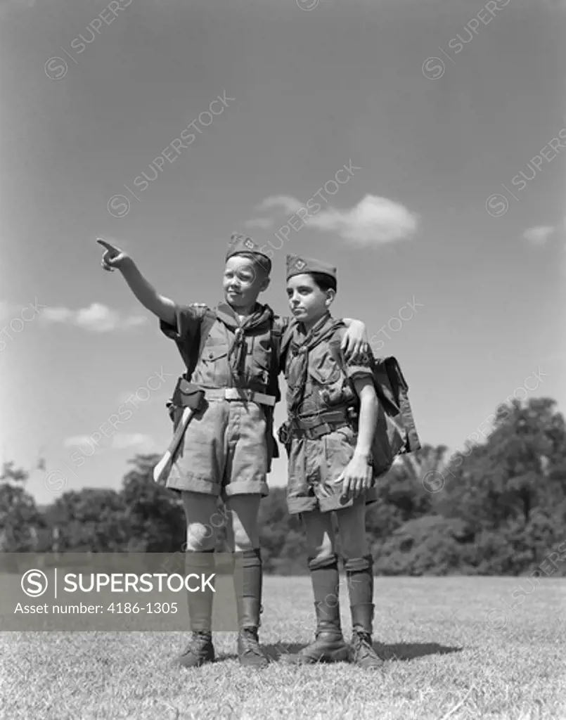 1950S Two Boy Scouts One Pointing Wearing Hiking Gear Uniforms