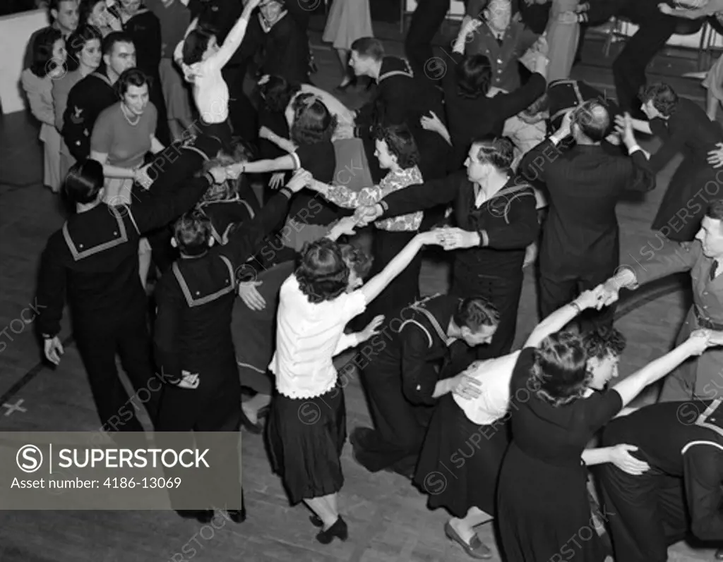 1940S Crowd Group Men Women Dancing Sailors Civilians Dance Uso
