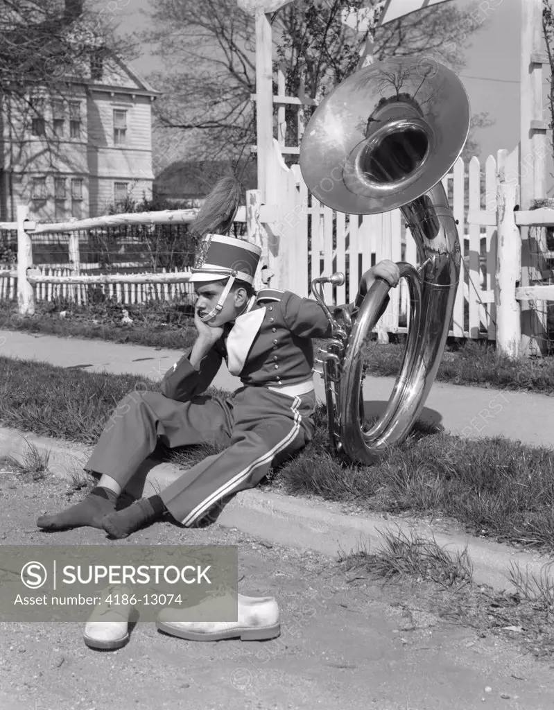 1950S 1960S Teen Boy Band Uniform & Tuba Sitting On Curb With Shoes Off