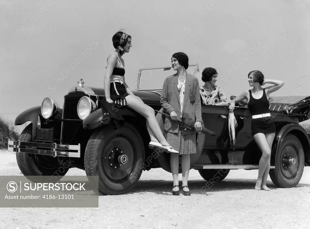 1930S Four Women Around Convertible Touring Car At Seashore Two In Bathing Suits & Two Dressed For Fashion Outdoor