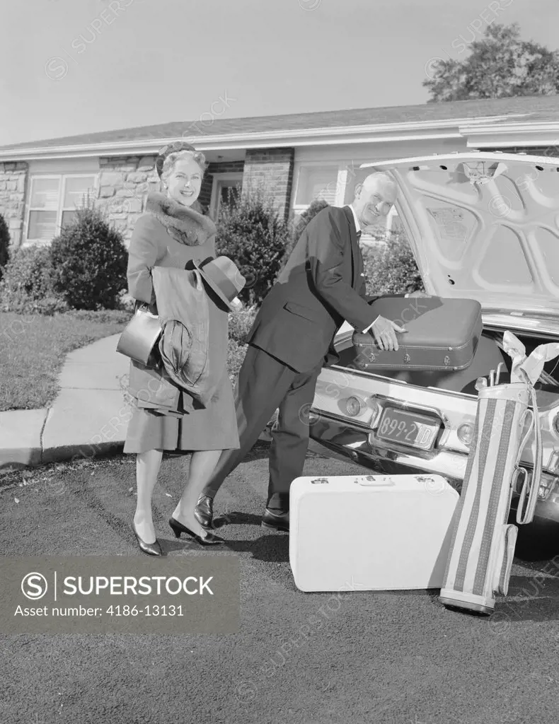 1960S Senior Man Woman Husband Wife Packing Trunk With Luggage