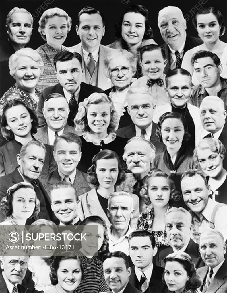 1930S Montage Of 37 Heads Of Men Women Teens And Juveniles With Black No Seam Background Inside