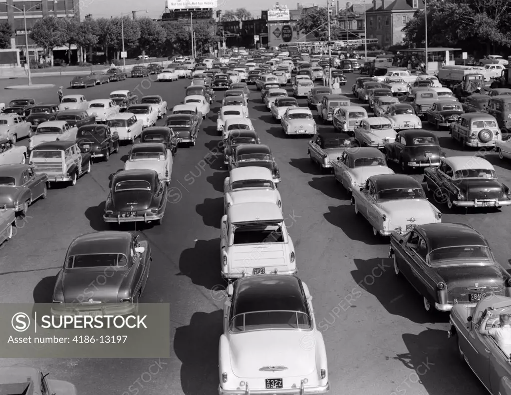 1950S Many Cars In Traffic Jam Outdoor