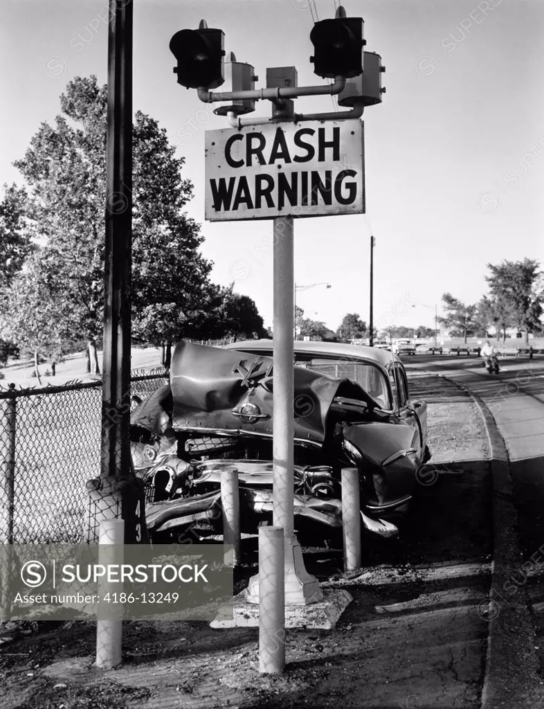 1950S Car Crashed Head-On Into Crash Warning Sign Pole Symbolic Outdoor