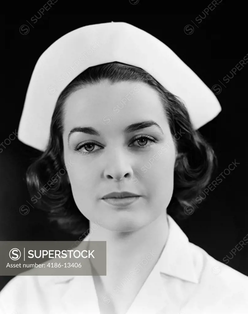 1940S Head Shoulders Portrait Brunette Nurse Serious Expression