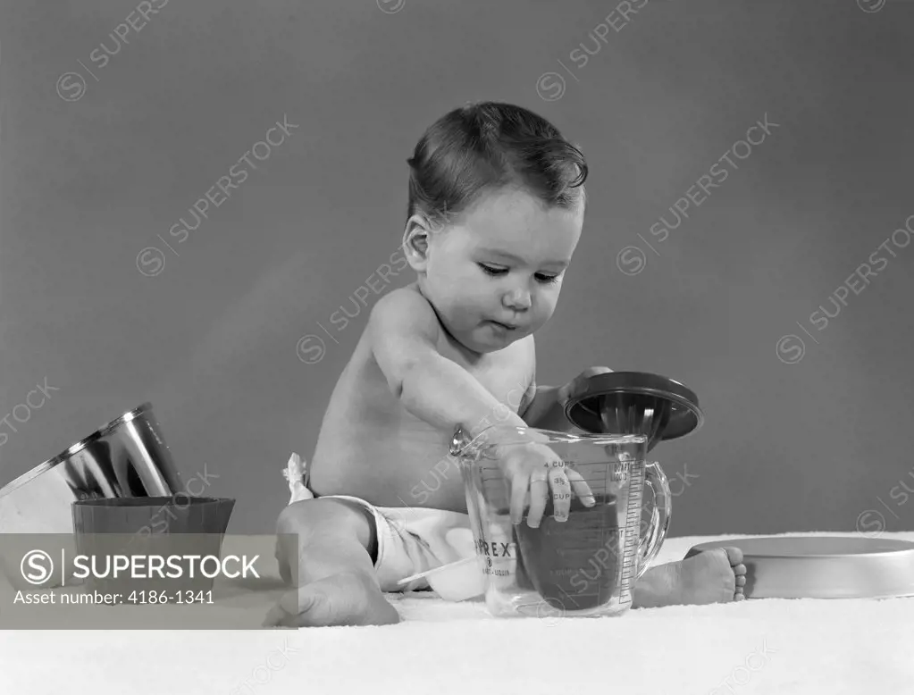 1950S Baby In Diaper Play With Kitchen Utensils Pyrex Measuring Cup Juicer Pot Pan Concentration Vintage