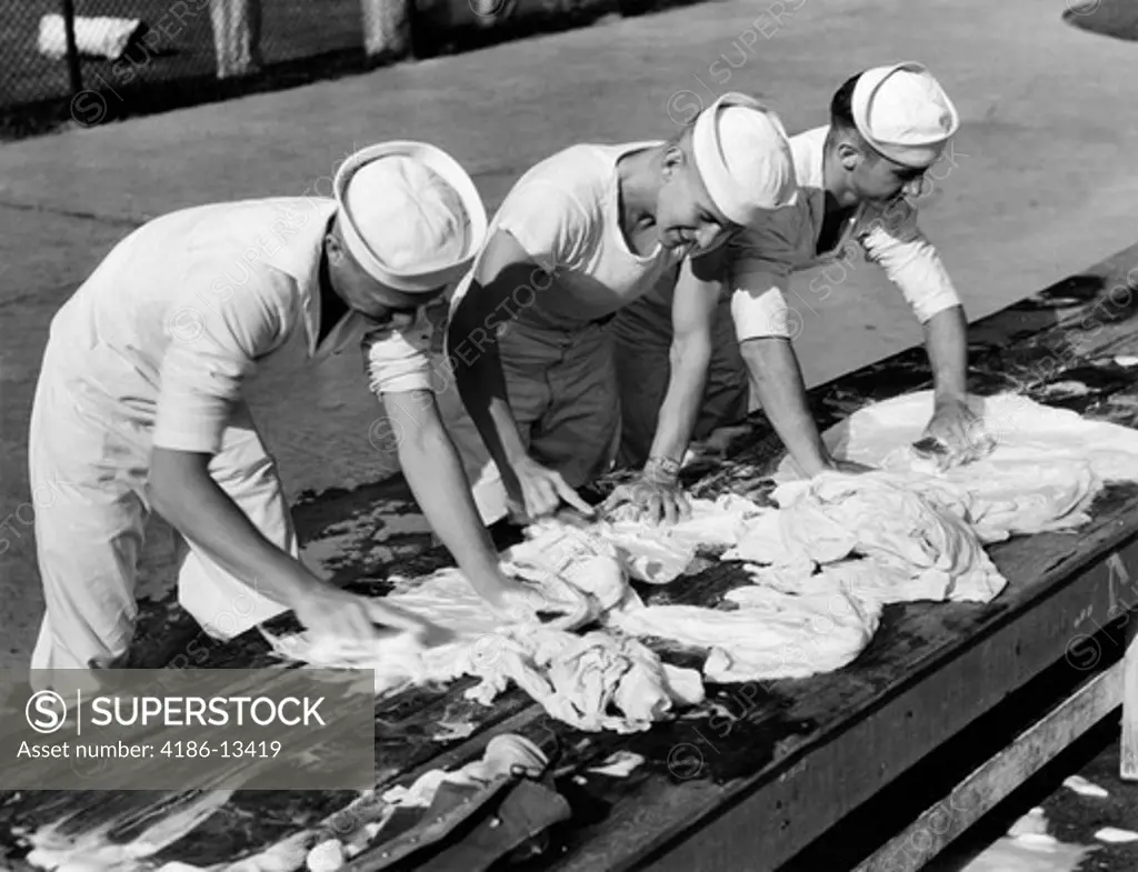 1940S Three Sailors Doing Laundry Clean Scrub Wash World War Ii Scrub Brush Soap Water