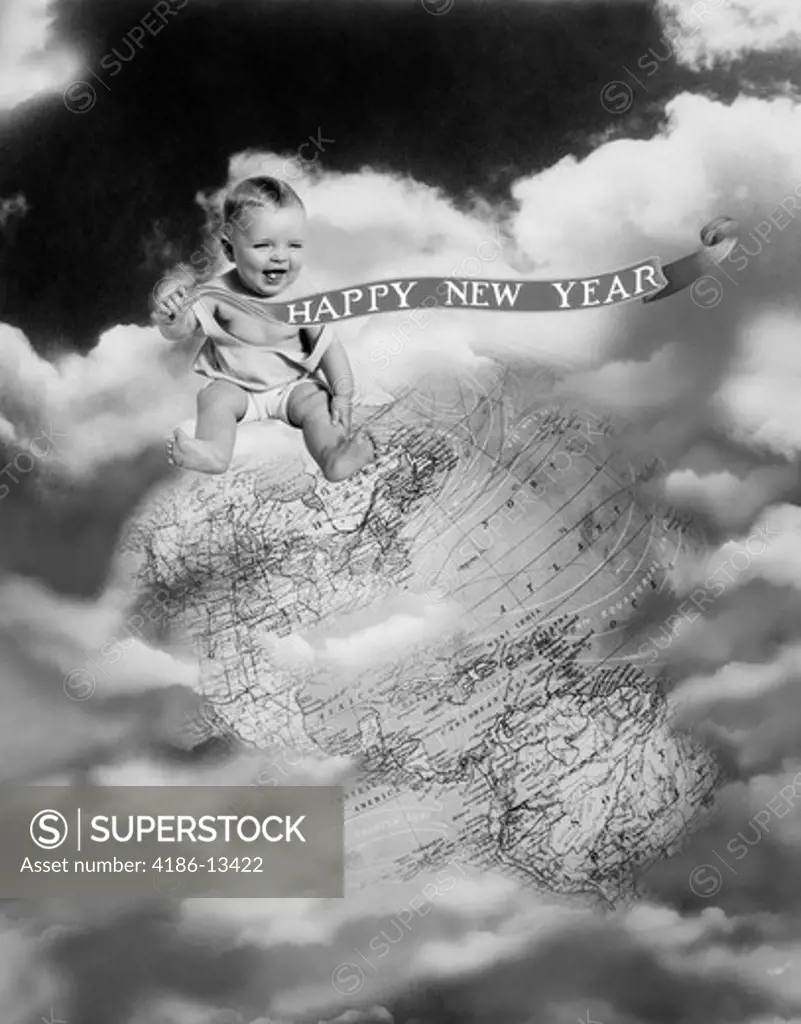 1930S Montage Baby Sitting On Top Of The World Earth Globe In Clouds Holding Happy New Year Banner