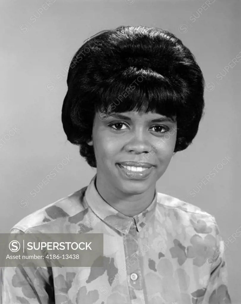 African American Woman Lady Smile Toward Camera Print Blouse Short Black Hair Negro Portrait Retro 1960S