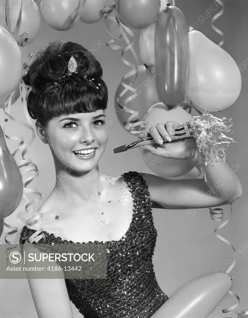 1960S Smiling Young Woman Sequined Dress Holding Noise Maker Balloons