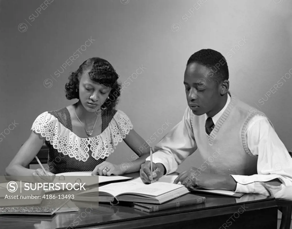 1950S African American Boy Girl Students Studying Desk Books Notebooks
