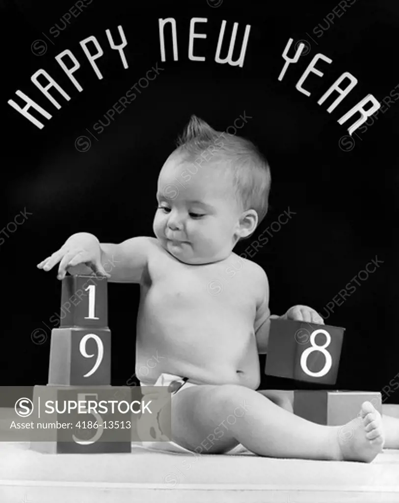 1950S Baby With Building Blocks 1958 Happy New Year Sign Above His Head
