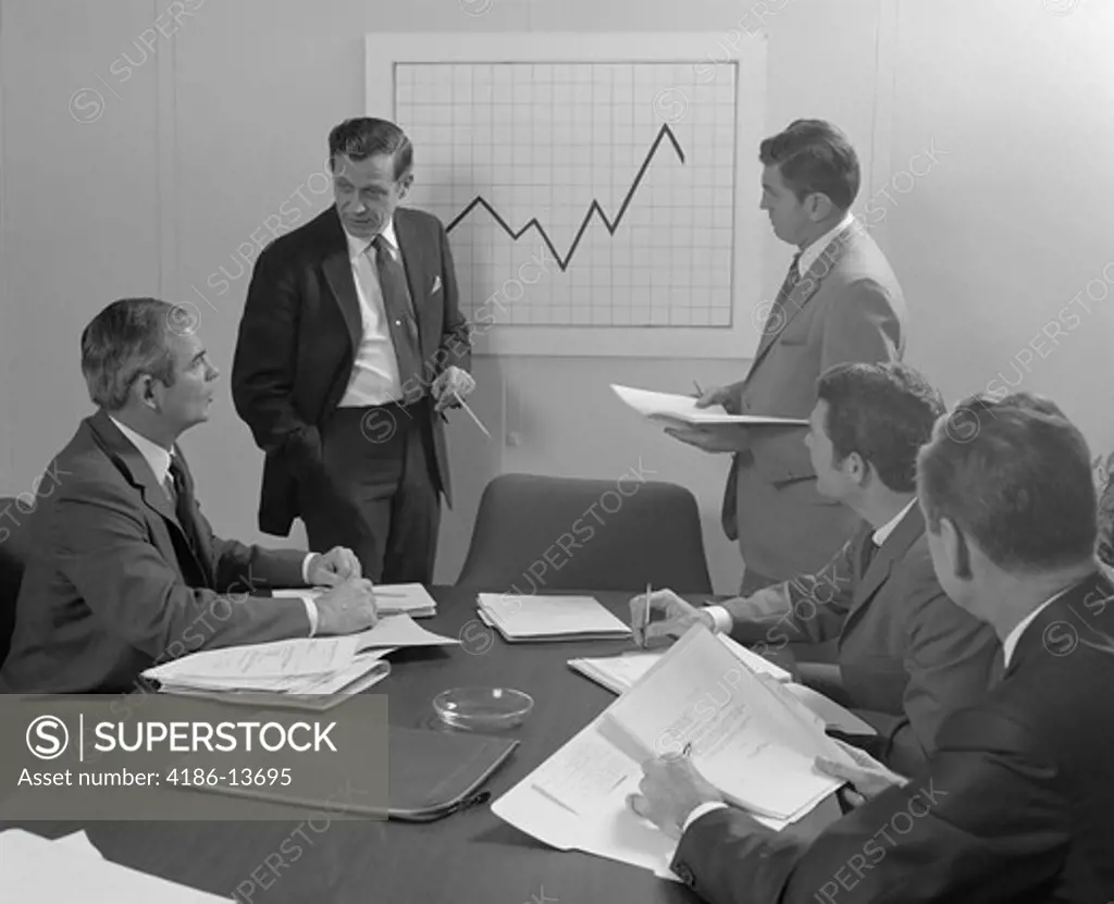 1960S 5 Executive Businessmen Meeting With Sales Chart Graphic