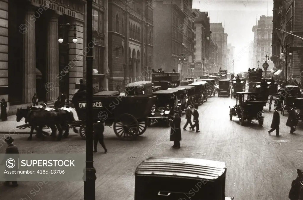 1890S 1900S Turn Of Century New York City Street Scene Pedestrians Horse & Wagons Automobiles Cars Traffic Manhattan