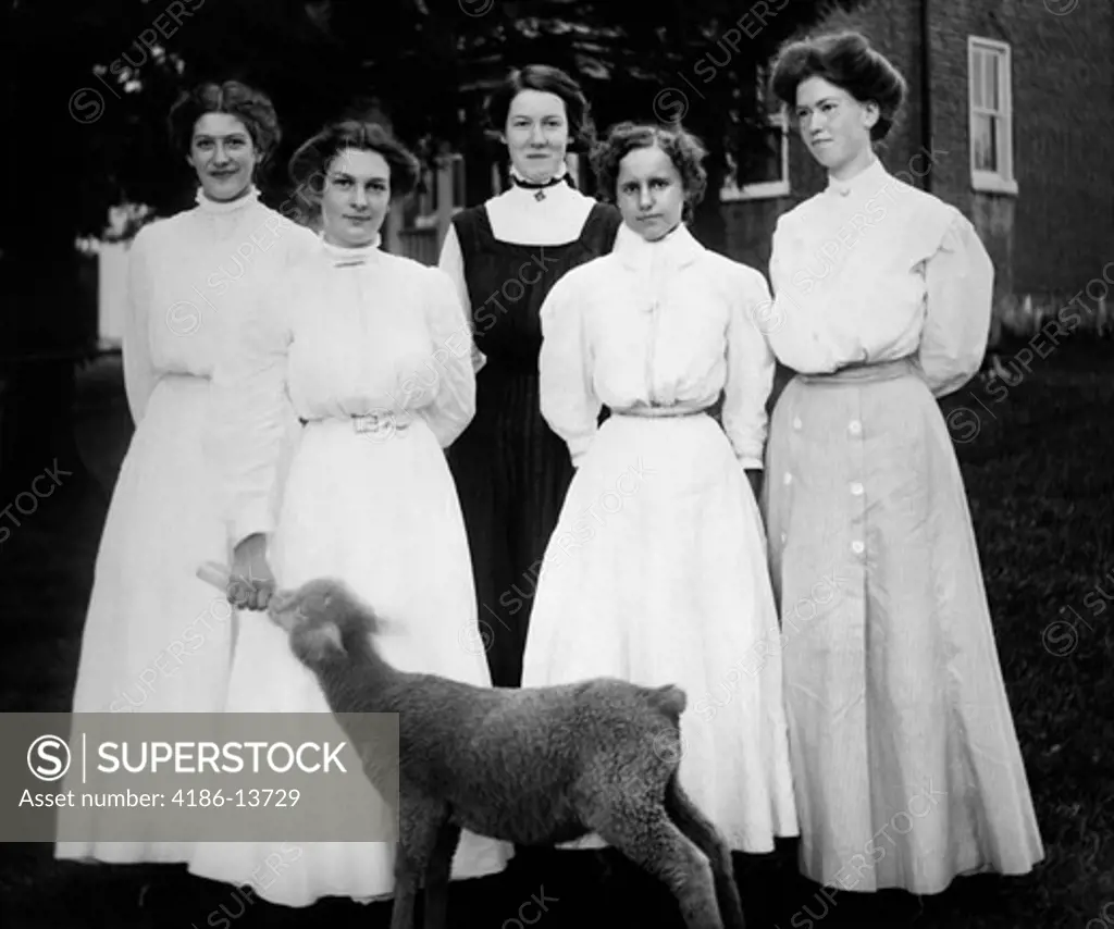 1900S Turn Of The Century Group Of Five Women One Holding Milk Bottle Feeding Lamb