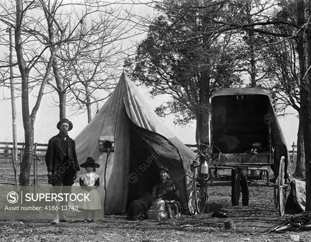 19Th Century Gypsy Camp Family Father Mother Daughter In Front Of Tent Next To Wagon