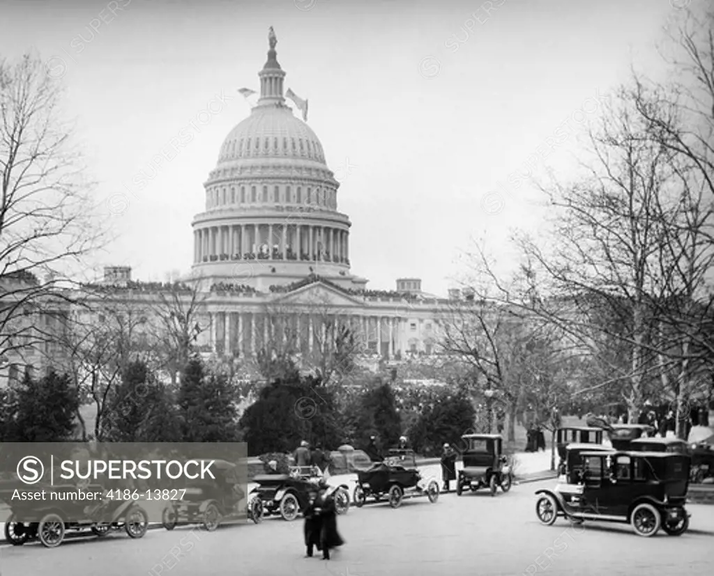 1910S 1920S Capitol Building Washington Dc Line Of Cars Parked On Street In Foreground