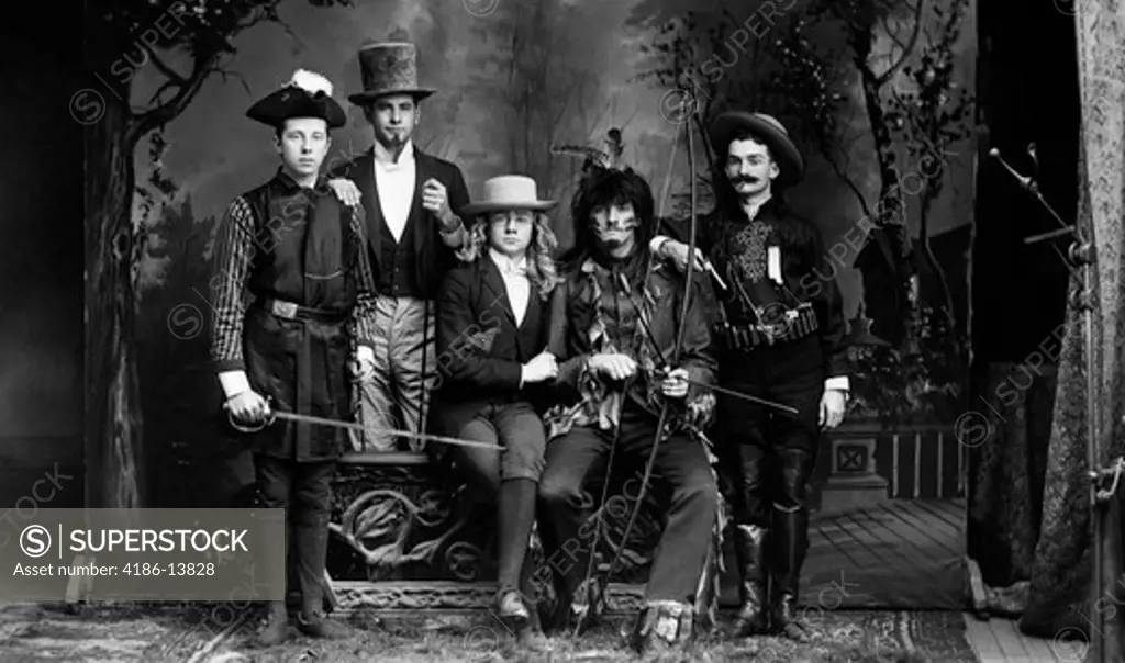 1890S Turn Of The Century Portrait Group Of Five Men Actors In Various Costumes Against Painted Studio Backdrop