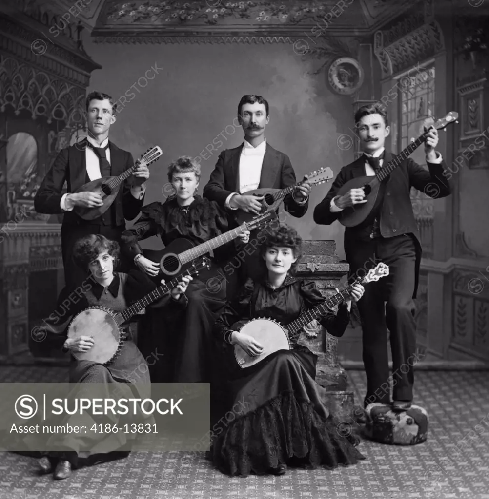 1890S Turn Of The Century Group Of Six Men & Women Strumming Various Stringed Instruments