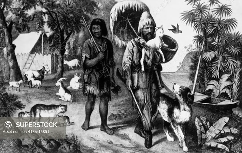Currier & Ives Illustration Robinson Crusoe & Man Friday From The Book By Daniel Defoe 1874