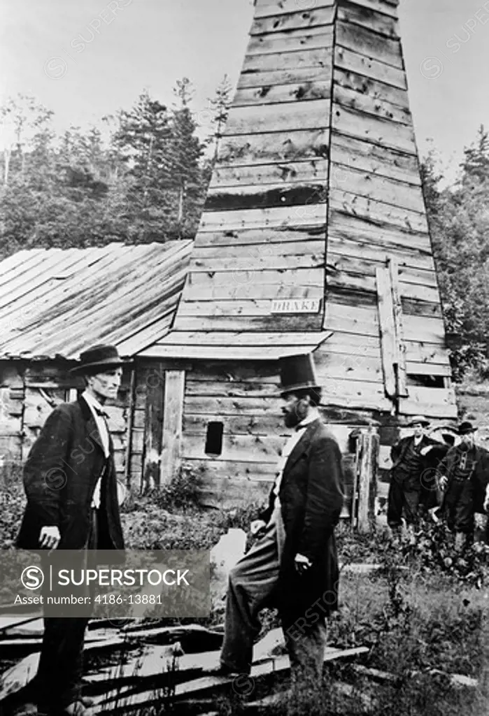 1859 Drake Oil Well Worlds First Drilled Oil Colonel Drake On Right Titusville Pa Drill Derrick