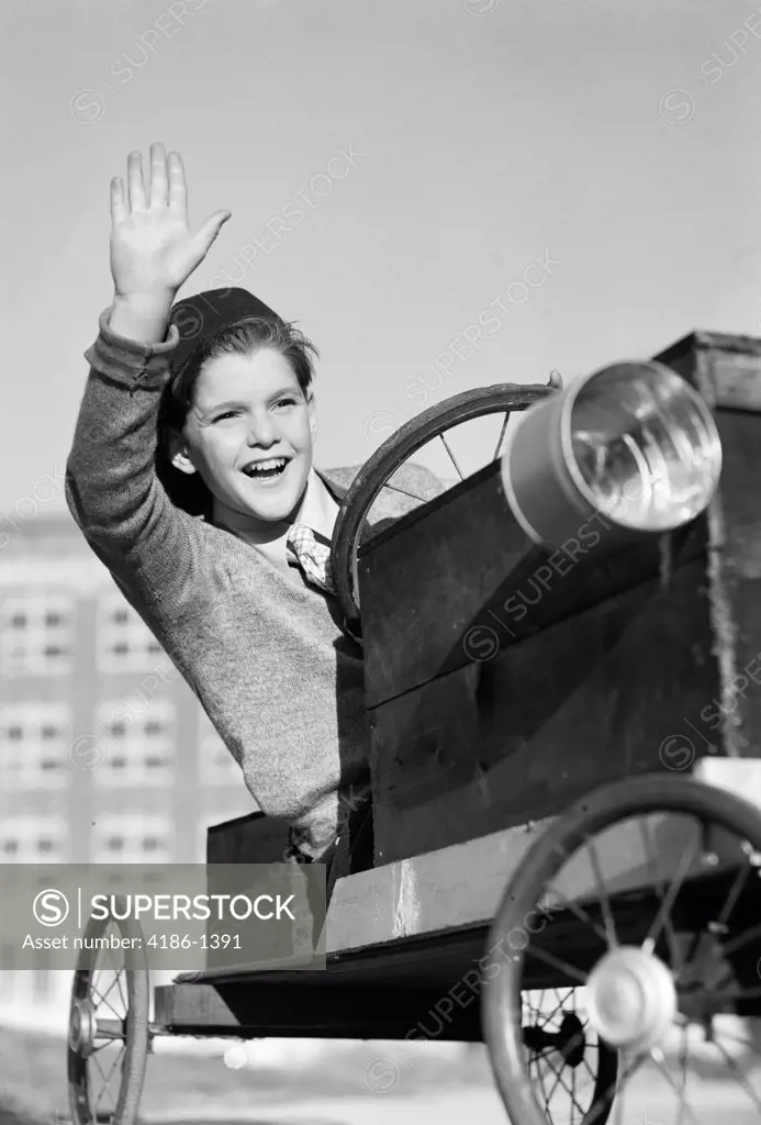 1940S Boy In Homemade Race Car Go-Cart Smiling And Waving Soapbox Derby