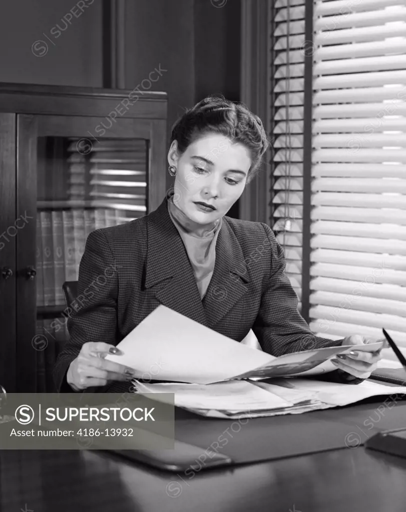 1950S Woman Business Desk Reading Paperwork Pen Bookcase