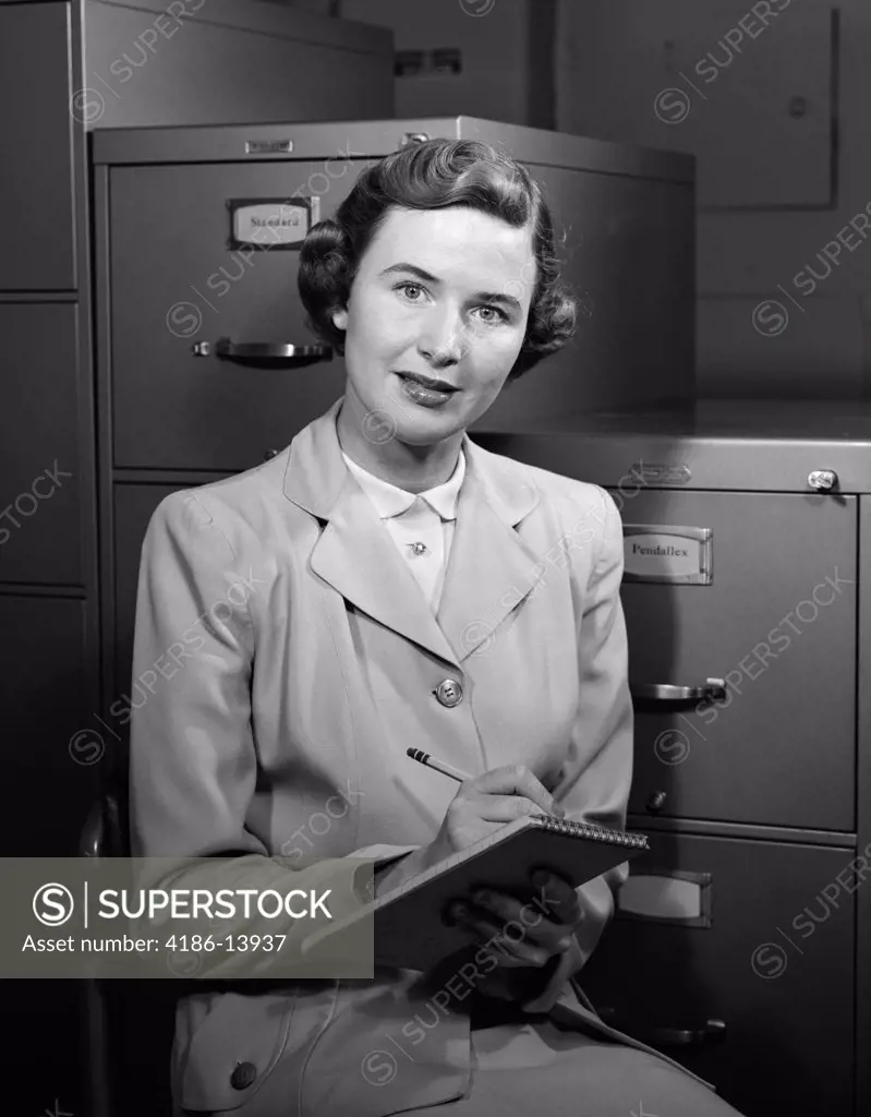 1950S Woman Notes Business Secretary Filing Cabinet Suit