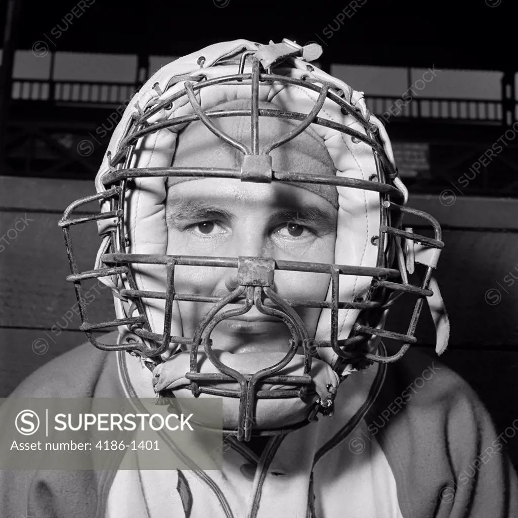 1950S Portrait Baseball Player Wearing Catchers Mask, Looking At Camera
