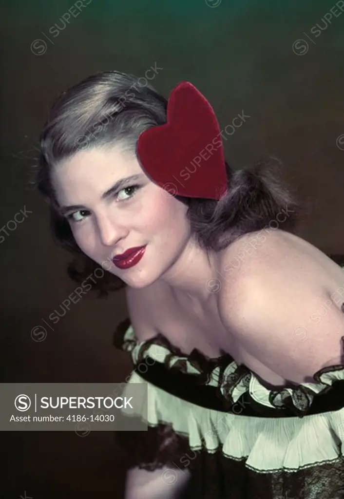 1940S 1950S Portrait Teen Girl Wearing Ruffled Black Lace Blouse With Red Valentine Heart Headband