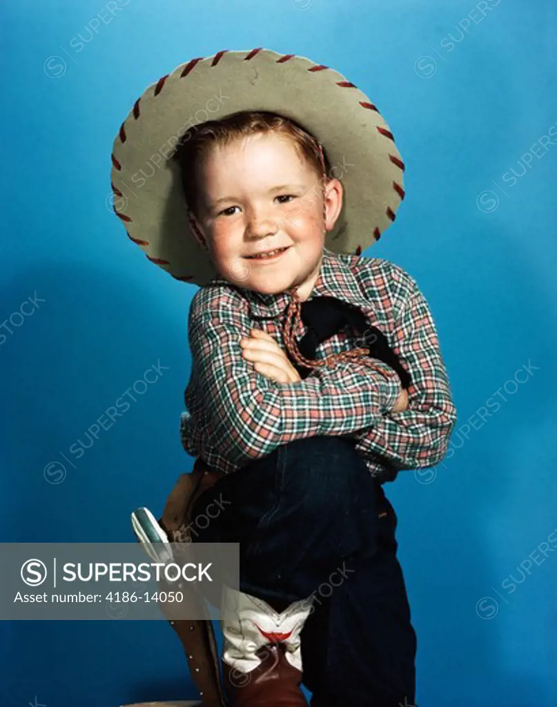 1940S Portrait Smiling Boy Wearing Cowboy Hat Leather Boots Holster Toy Gun  