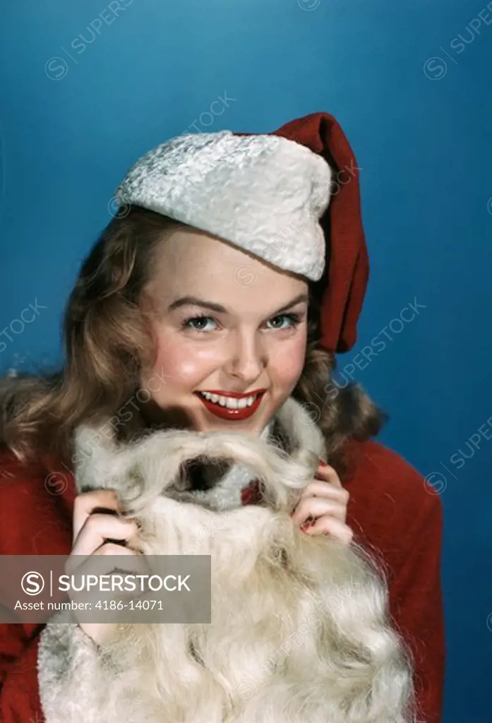 1940S 1950S Smiling Woman Wearing Santa Claus Costume With Hat And Beard