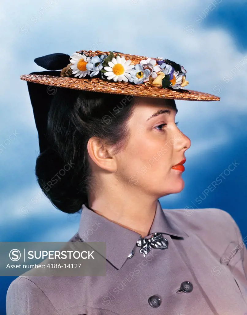 1940S 1950S Profile Portrait Woman Wearing Gray Suit Straw Hat With Flowers
