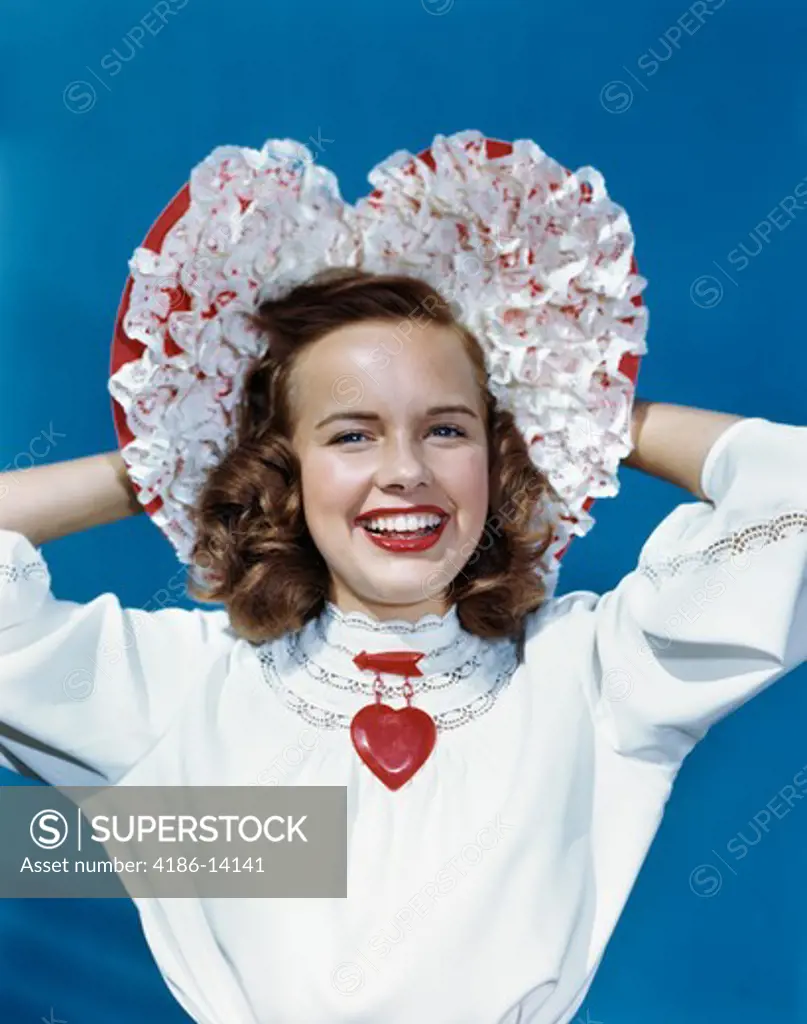 1940S 1950S Smiling Teen Girl Wearing Heart Shaped Pin And Ruffled Hat